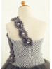 One Shoulder Gray Rosette Tulle Tutu Flower Girl Dress